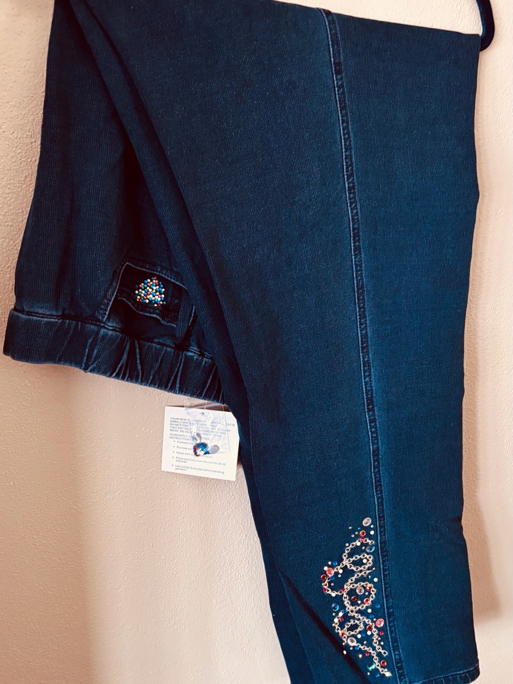 Quacker Factory Jeannie JeansDark Blue Straight Leg Jeans with Rhinestone Detail